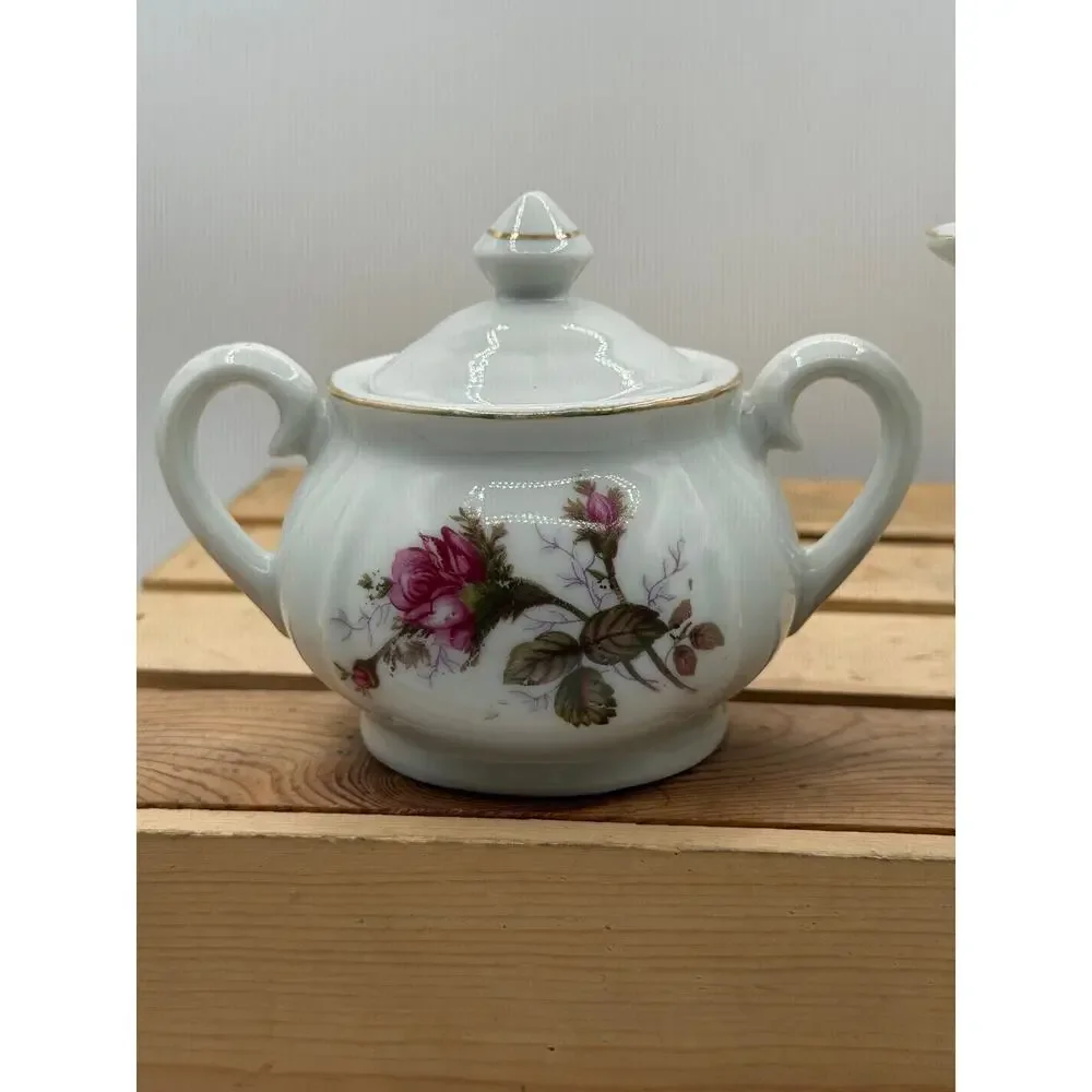 Vintage Pink Rose Porcelain Sugar Bowl and Creamer Pitcher Set with Gold Trim